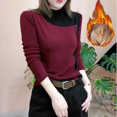 Double-sided Velvet Button Contrasting Color Half-high Neck Bottoming Shirt Long-sleeved T-shirt Underneath Autumn and Winter Top