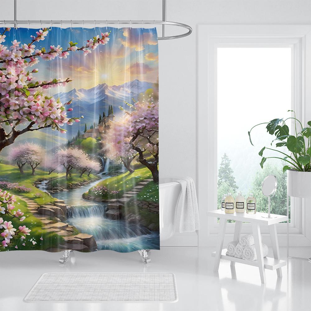 Waterproof Fabric 3D Shower Curtain Bathroom Curtain Pink Tree Landscape Polyester Bath Curtain Decorate With Hooks Cortina