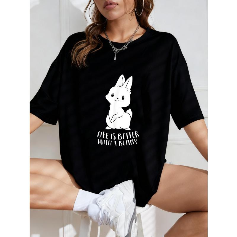 White Oversized T Shirt With Bunny Print And Life Is Better With A Bunny Text For Casual Wear