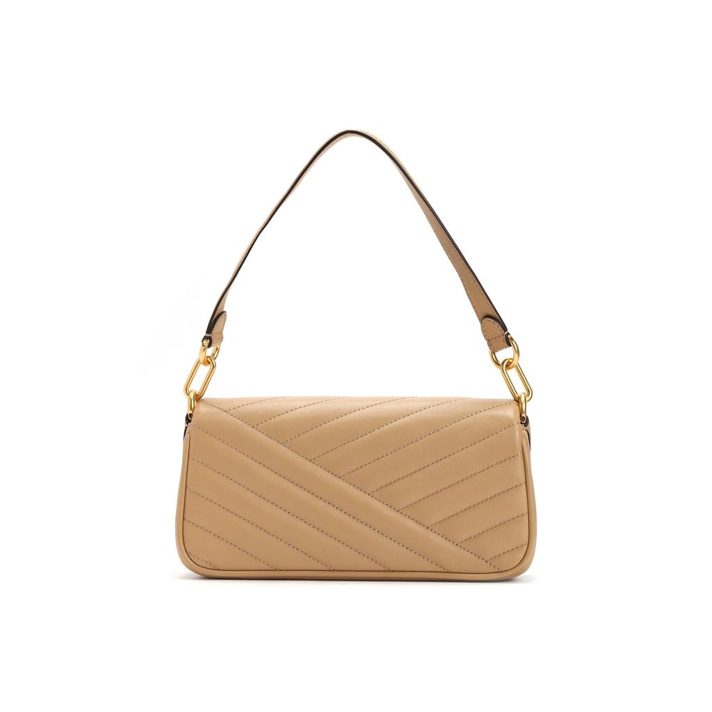 Tory Burch Kira Gold Logo V-Stripe Quilted Flap Bag with Metal Clasp Leather Tote Bag Shoulder Bag Small Size Women's Style Tan