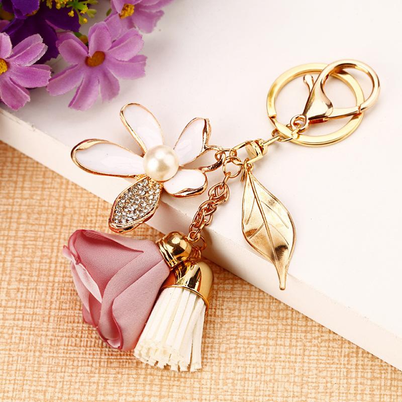 Cloth flower key Ring Chiffon tassel car key chains Lady couple bag New fashion charm flower keychain Party Gift K2029