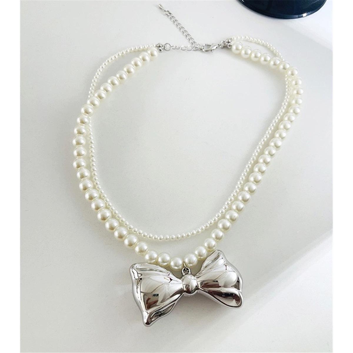 

Tooxika Французское ретро романтичное легкое роскошное ожерелье-чокер с двойным жемчугом и бантом, нишевая цепочка для ключицы серебряный