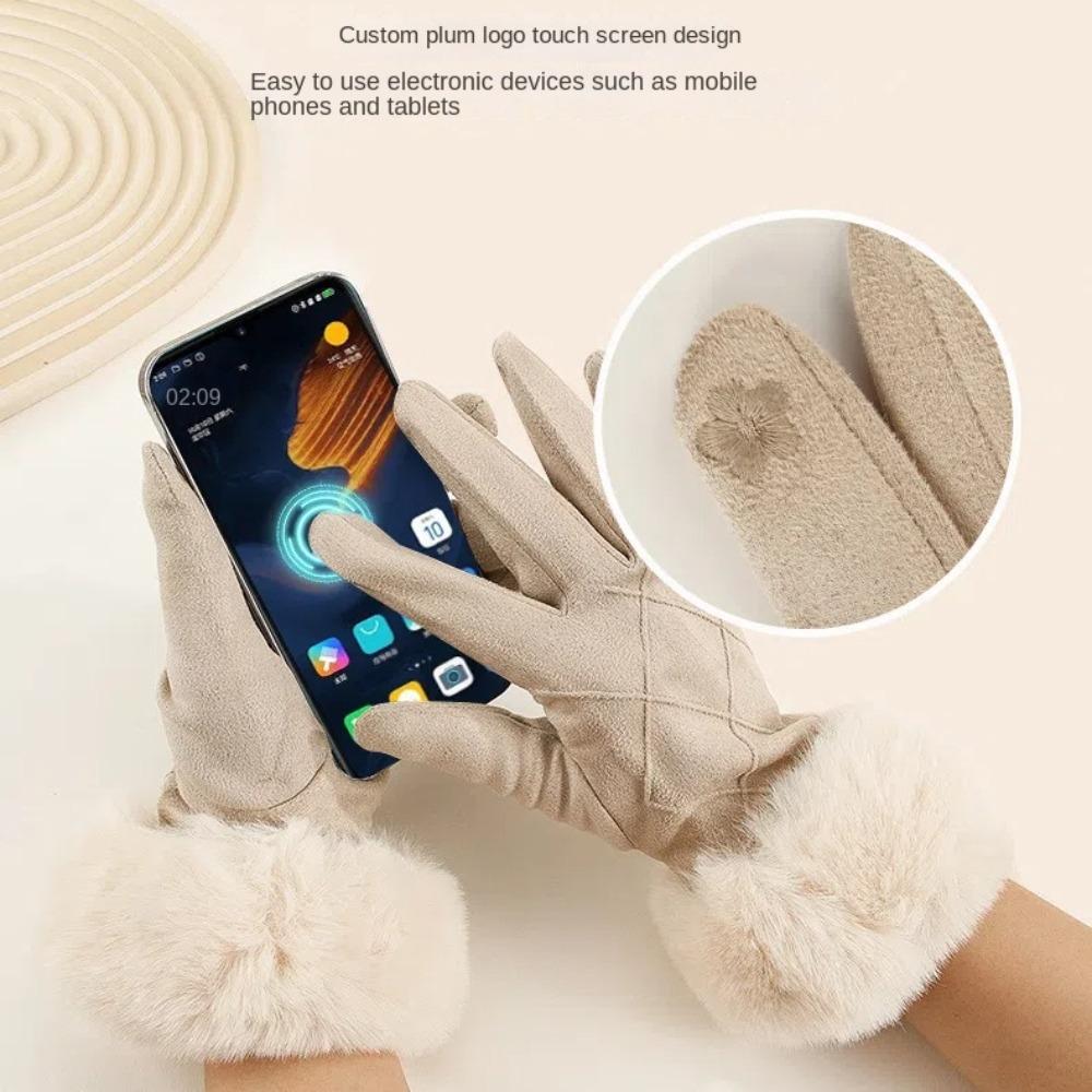 Plaid  Gloves Suede Women Cycling Mittens Retro Winter Fleece-lined Gloves  Driving
