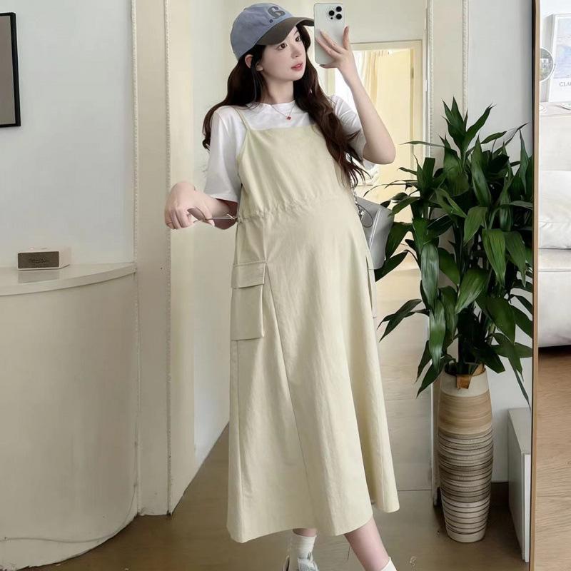 Maternity Summer Set: Waist-Cinching Vest Dress + Round Neck Short-Sleeved Top
