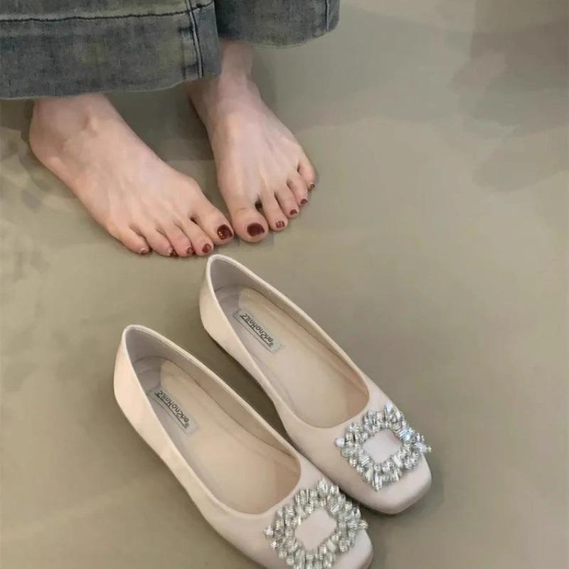 Chaussures plates douces printemps nouveau bouche peu profonde strass tête carrée tempérament chaussures simples femmes