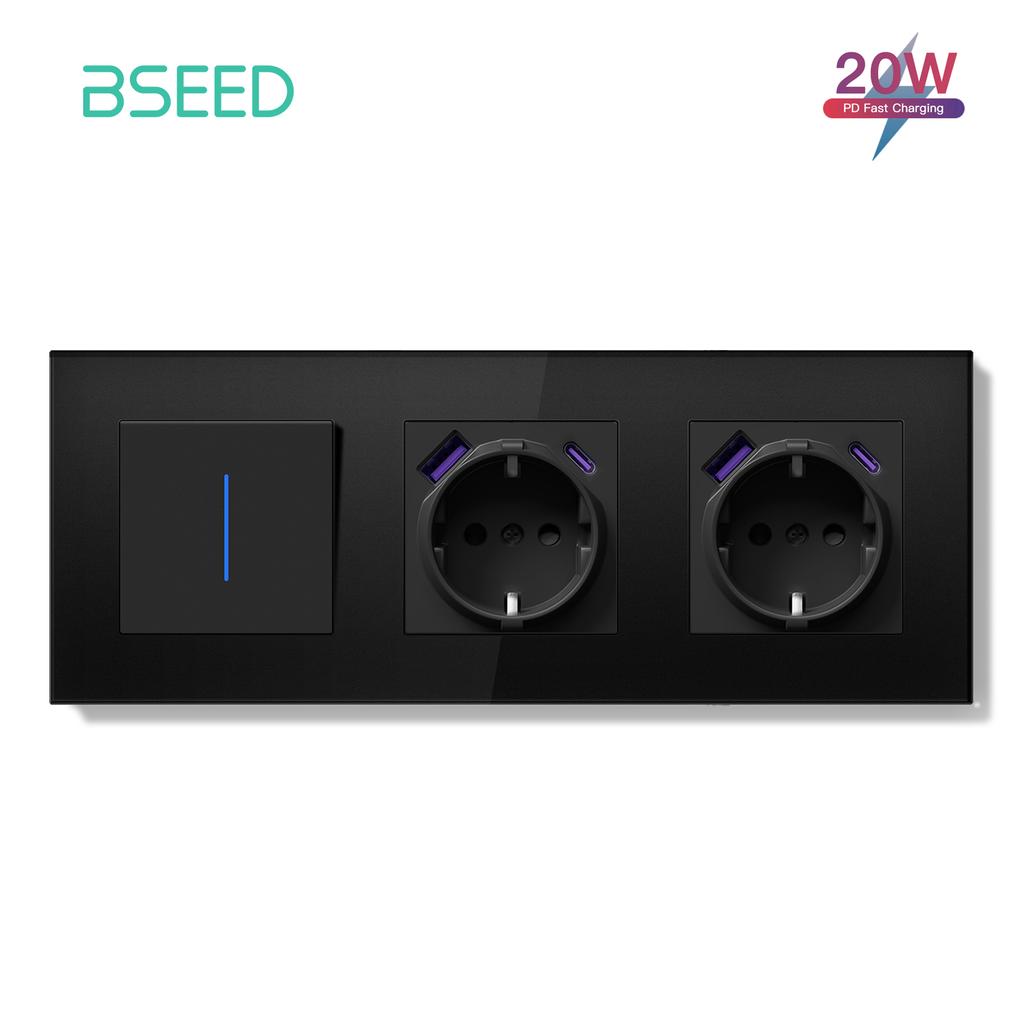 BSEED 1/2Gang Wall Light Switch Mechanical Double Button Switch 1Way With LED EU Sockets USB 20W Type-c Power Ports Glass Panels