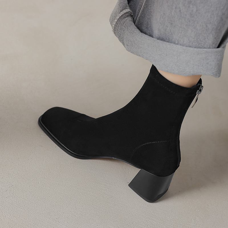 Krazing Pot Microfiber Flock Square Toe Winter Thick High Heels Fashion Boots Women Size 42 Elegant Patch Work Ankle Boots