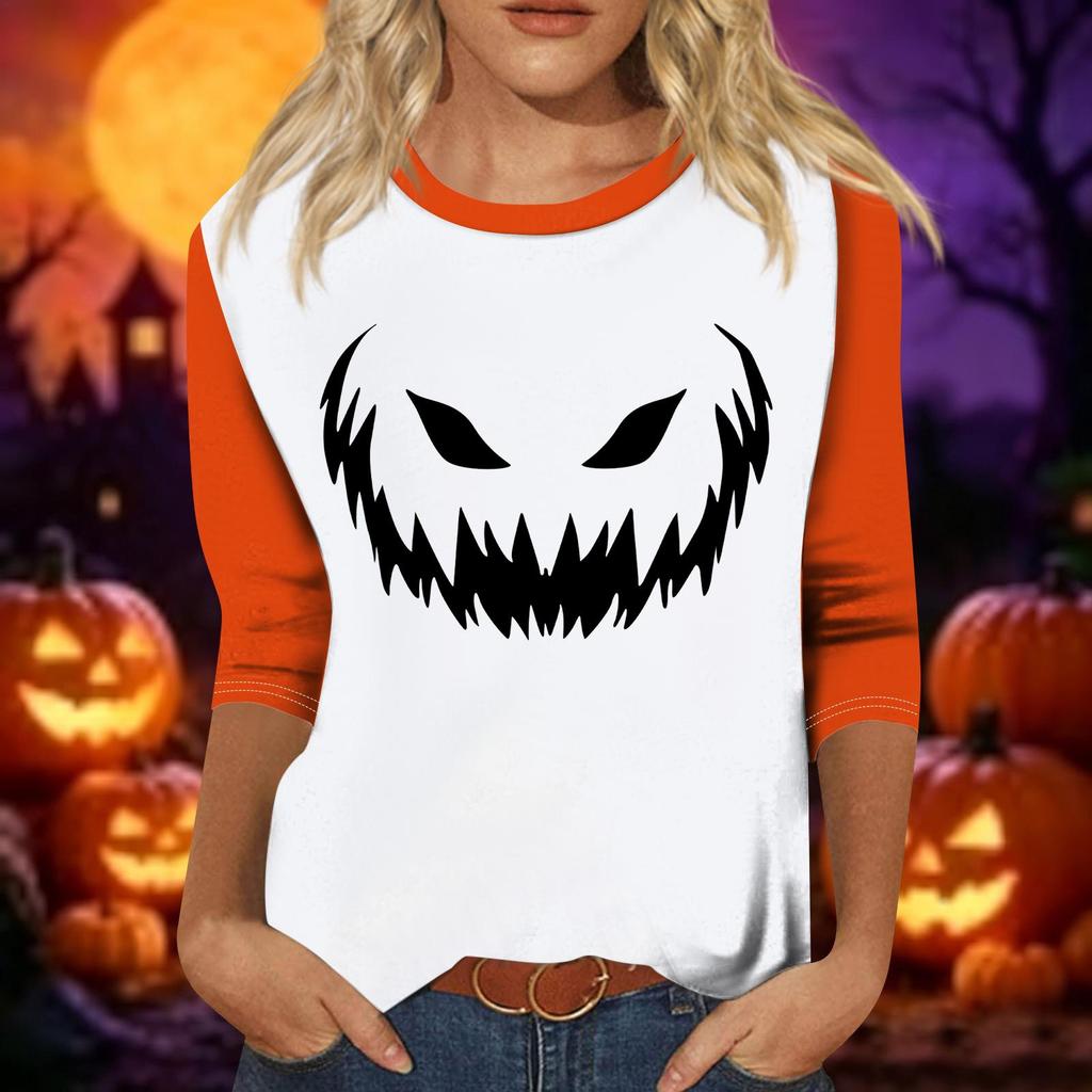 Women's Casual Halloween Print Three Quarter Sleeve Round Neck Top Lightweight Soft Fabric Comfortable Fit Seasonal Shirt