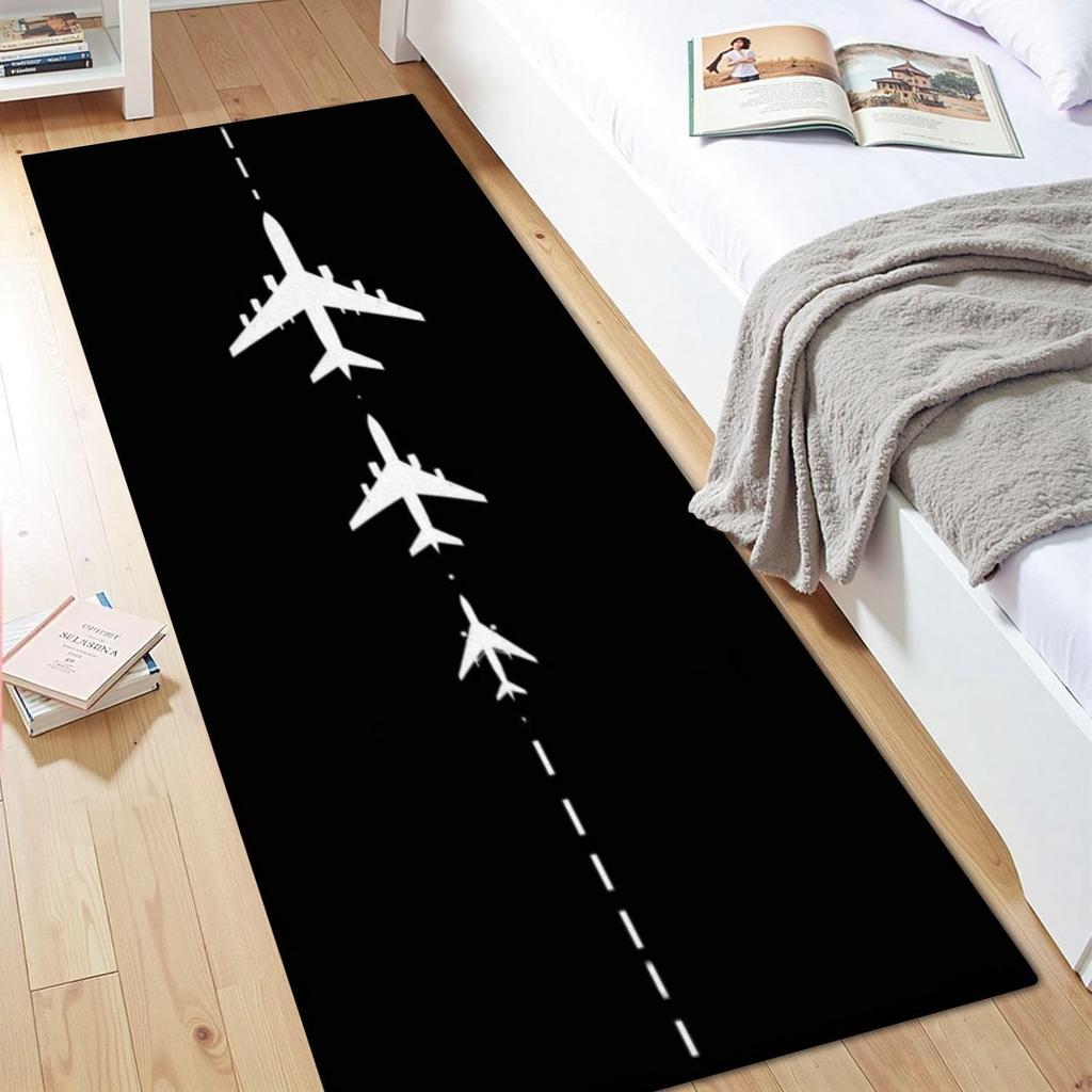 Airport Runway Hallway Runner Rug Airplane Pattern Soft Non-Slip Floor Mat Aviation Theme Kids Room Living Room Decor Rug