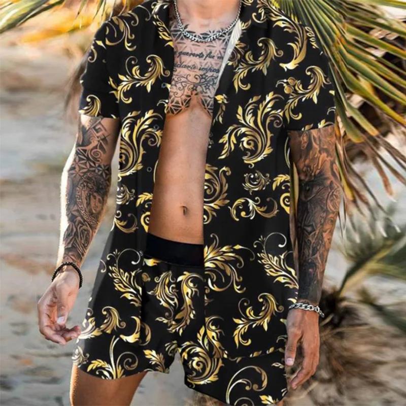 Summer Men's Fashion Leopard Print Short Sleeve Shirt And Shorts Set Beach Style T Shirt Breathable Shorts Two Piece Set