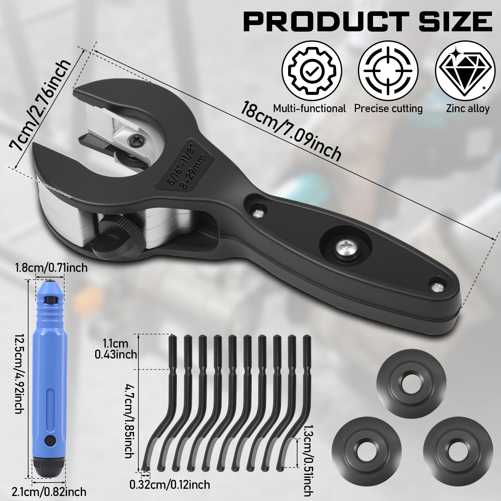 

Набор трещоточного трубореза из цинкового сплава для труб из нержавеющей стали, меди, пластика, алюминия диаметром 8-29 мм с 3 запасными режущими роликами чёрный