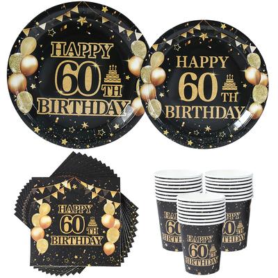 60th Black Gold Birthday Disposable Tableware Happy 60th Birthday Party Decoration Adult Favors Gift Dinnerware Banquet Supplies