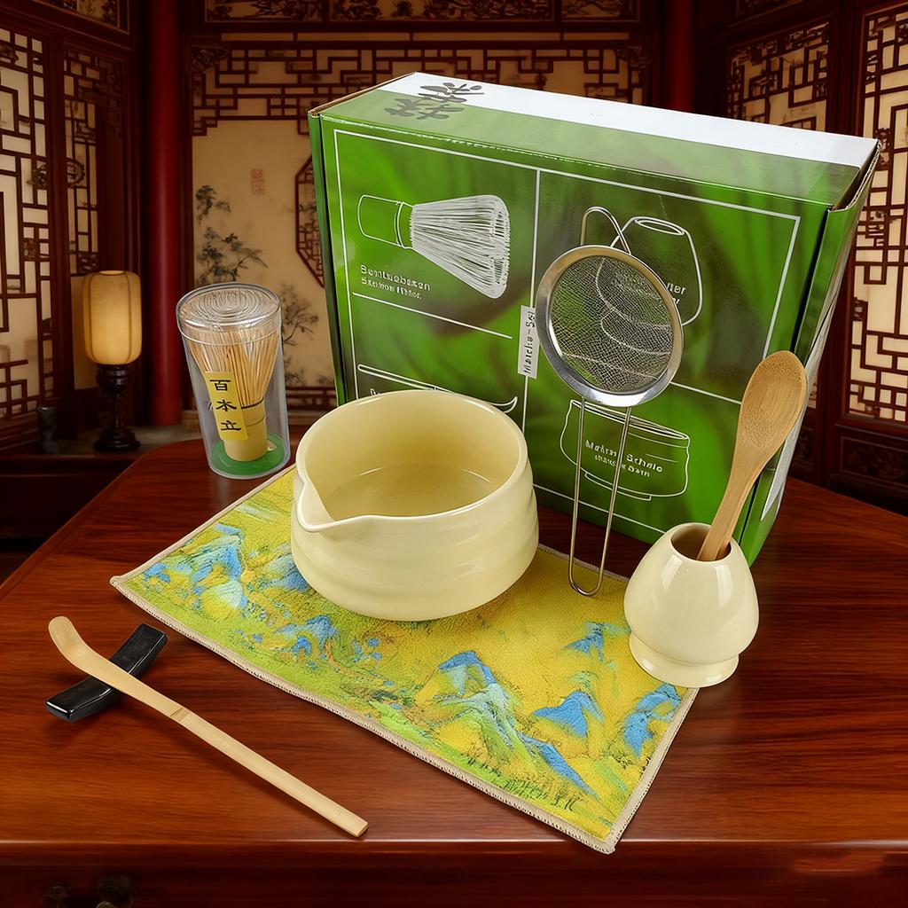 8PCS/Set Japanese Matcha Set, Including Bowl, Cloth, Spoon, Tea Whisk Stand, Strainer, Tea Whisk, Matcha Brush - Traditional