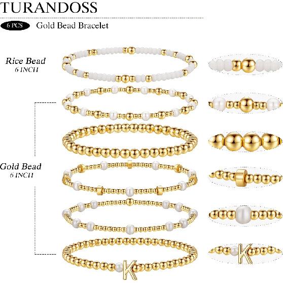Turandoss 18K Gold Plated Beaded Stretch Initial Bracelet for Women Gifts