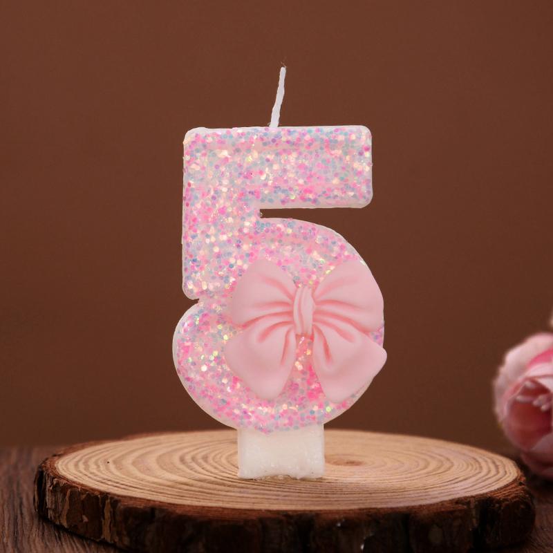 3D Number Cake Decorating Candles Cute Pink Bow Baby Girl Birthday Cake Topper Decoration Party Supplies 0-9 Digital Candle