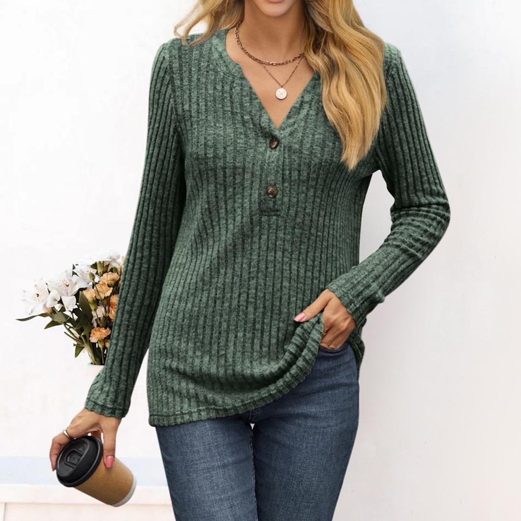 Women's Fashion Solid Color Long Sleeve Button Pullover V Neck Casual Loose Tops