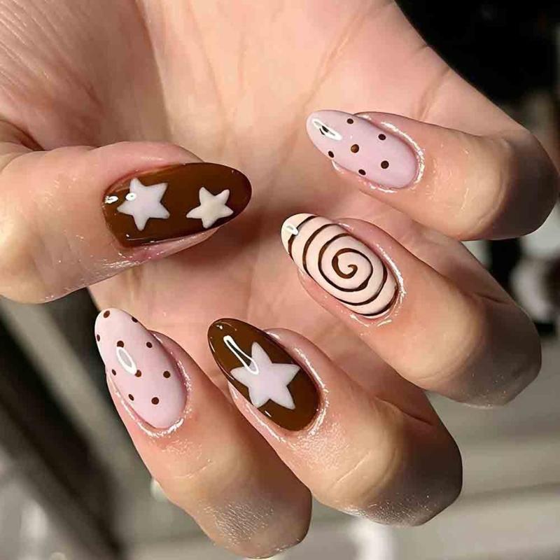 Simple To Apply Press On Artificial Nail With Geometric Dot Star Art In Pretty Pink Brown Hues