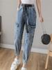 2022 Loose Hip Hop Leisure Korean Womens Pants Punk Pockets Jeans High Elastic Waist Button Harem Harajuku Denim Causal Cargo
