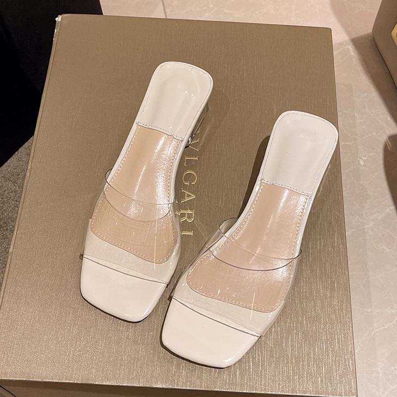 Transparent cool slippers women's outer wear summer new high-end thick heel square head niche high heel slippers ins tide