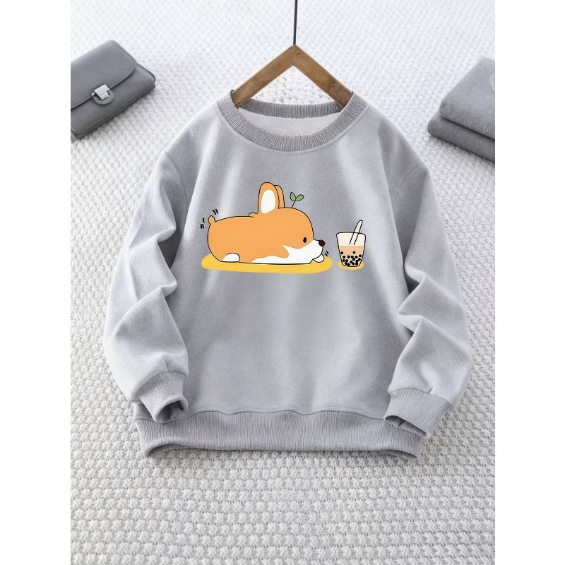 Girls' Round Neck Sweatshirt with Corgi and Bubble Tea Print, Essential for Back-to-School Season, Suitable for Parties