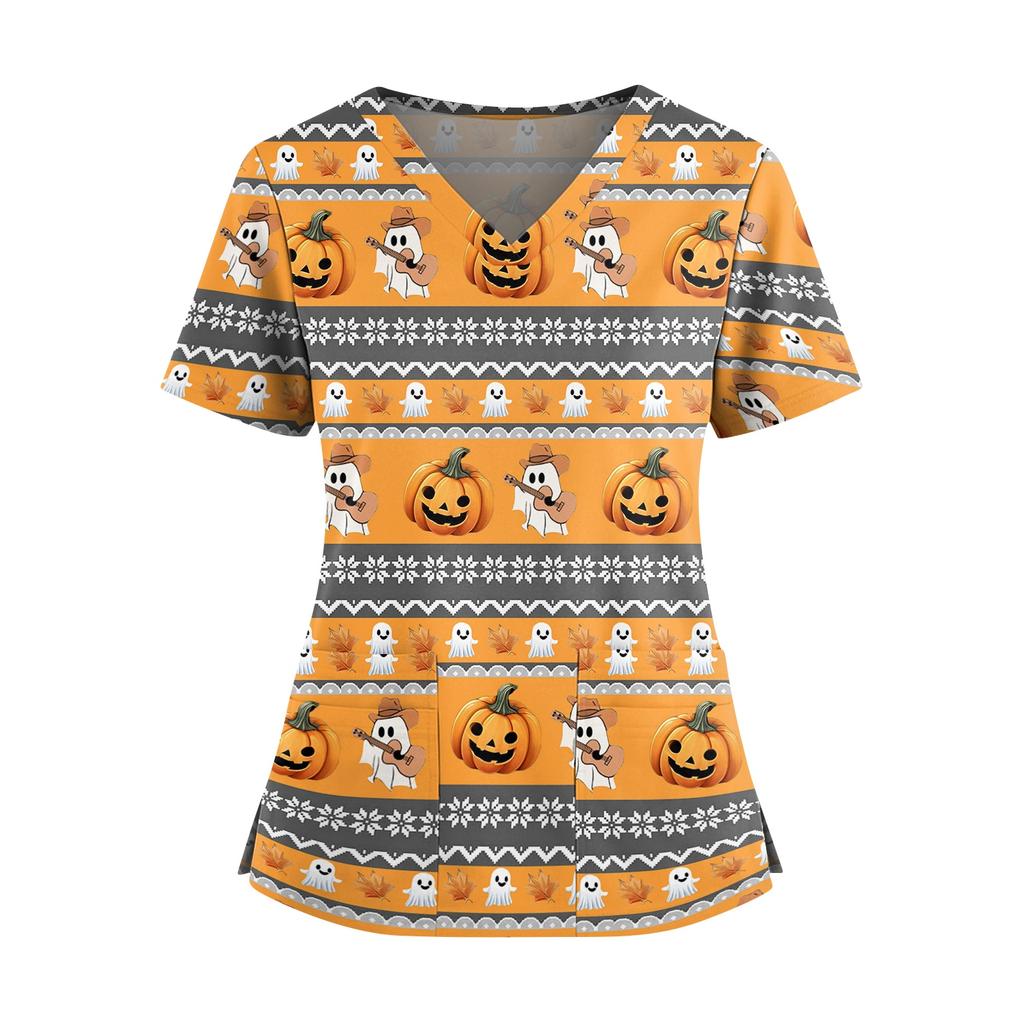 Women V Neck Halloween Print Short Sleeve Nurse Scrub Top with Double Pockets and Side Slit Hem Medical Uniform Shirt for Caregivers