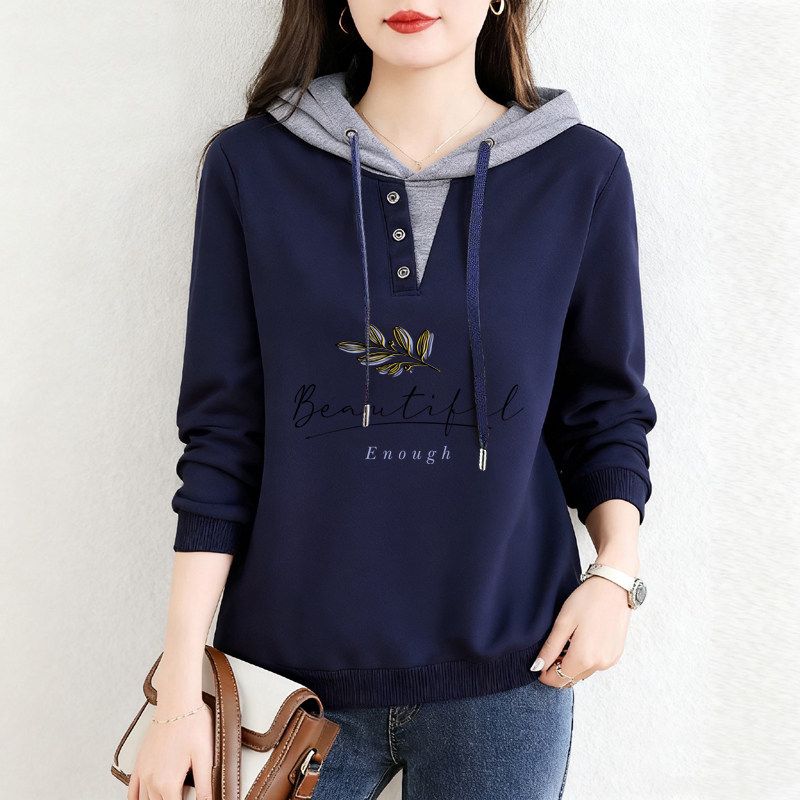 Sale for Foreign Trade Export: 100% Pure Cotton Long-Sleeve Stylish Hooded T-Shirt for Women, Autumn, Plus Size, Casual Base Shirt, Trendy Top