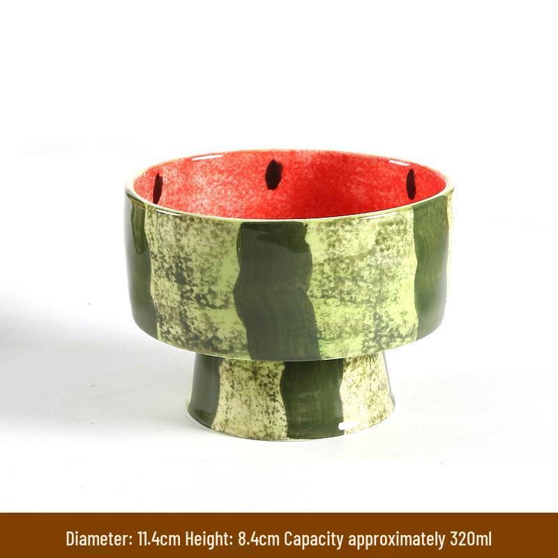 Hand-Painted Watermelon Design Large Ceramic Noodle Bowl with Underglaze Snails Pattern - Fresh, Deep & Stylish.