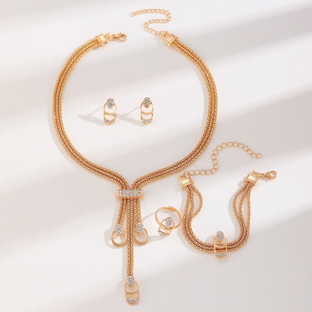 5Pcs Earrings Rhinestone Jewelry Suit Geometric Bracelet Chain Set Tassel Necklace Suit  Party