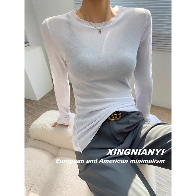 Γυναικείο Μακρυμάνικο Μπλουζάκι με Στρογγυλή Λαιμόκοψη, Στενή Εφαρμογή, Μανσέτα με Τρύπα για τον Αντίχειρα, Βασικό Casual T-shirt