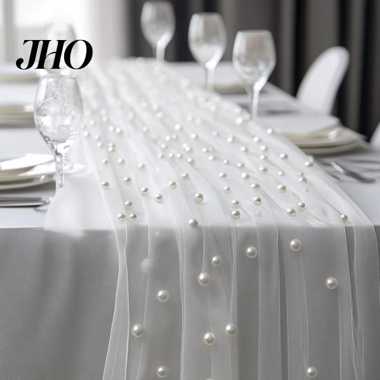Table Runner for Home Faux Pearl Gauze Boho Sheer Tulle Fabric Party Decoration Wedding Bridal Shower Birthday Dining Decor Festive