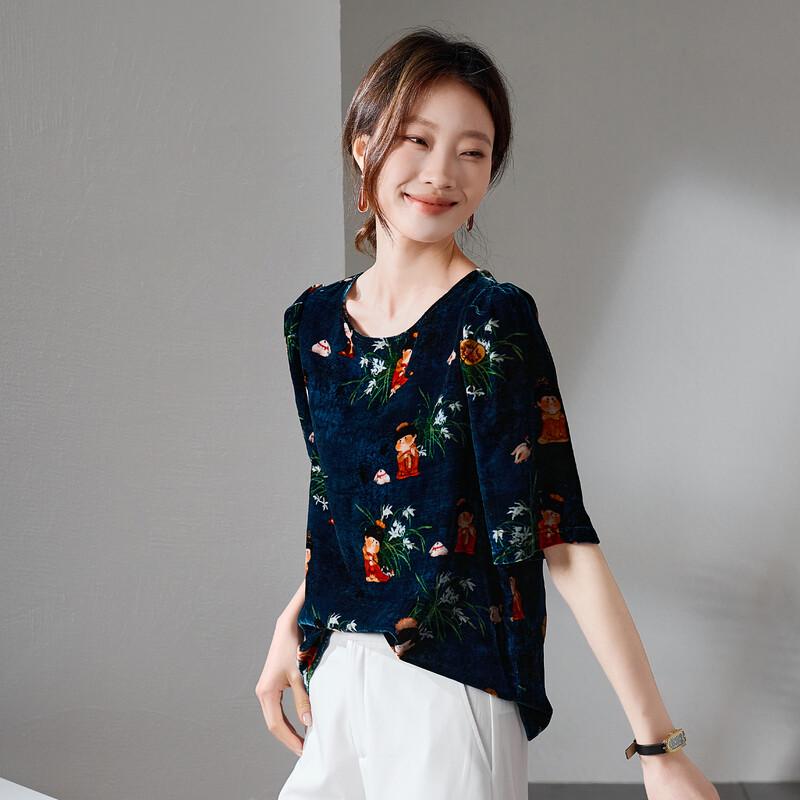 SOFSIL Women s 2026 Summer Retro Printed Mulberry Silk T-Shirt L