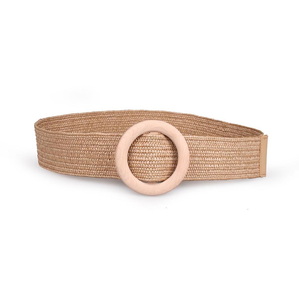 Damen Ethno-Stil Runder Holzschnallen Raffia Gewebter Taillengürtel