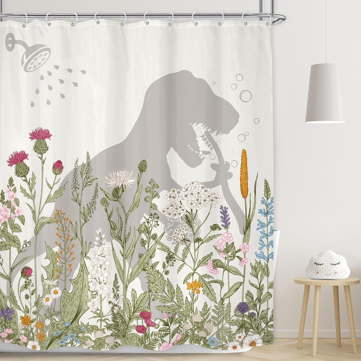 

Wildflower Dinosaur Silhouette Kids Shower Curtain, Funny Floral Botanical Waterproof Fabric Curtain W60H190(CM)-1 Pcs