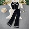 Summer Women Knitted Sweater Suit Short Sleeve Single Breasted Cardigan Top and Ankle Length Pant Two Piece Set For College Girl