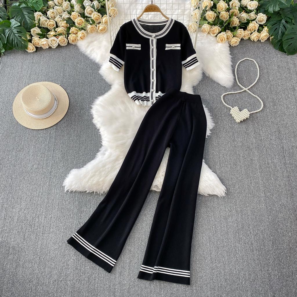 Summer Women Knitted Sweater Suit Short Sleeve Single Breasted Cardigan Top and Ankle Length Pant Two Piece Set For College Girl