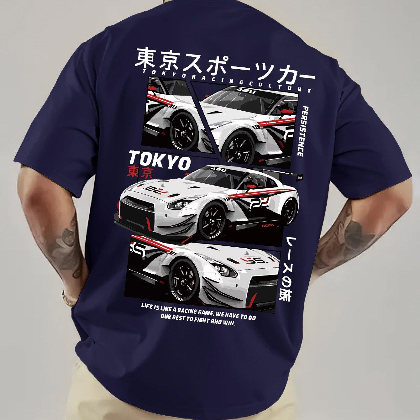 

Чоловіча футболка з графікою Tokyo Racing Вільного крою Повсякденна футболка з коротким рукавом з японським текстом Дизайн автомобіля Дихаюча літня сорочка 4XL