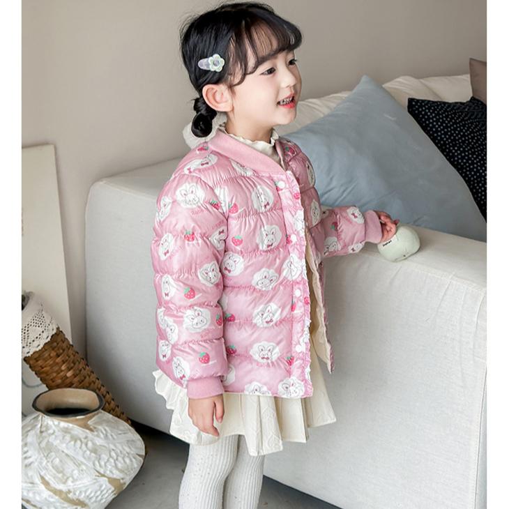 winter baby girl thicken short cotton-padded V-neck jacket Girls' warm cotton-padded clothes foreign style children's autumn cute cartoon print coats
