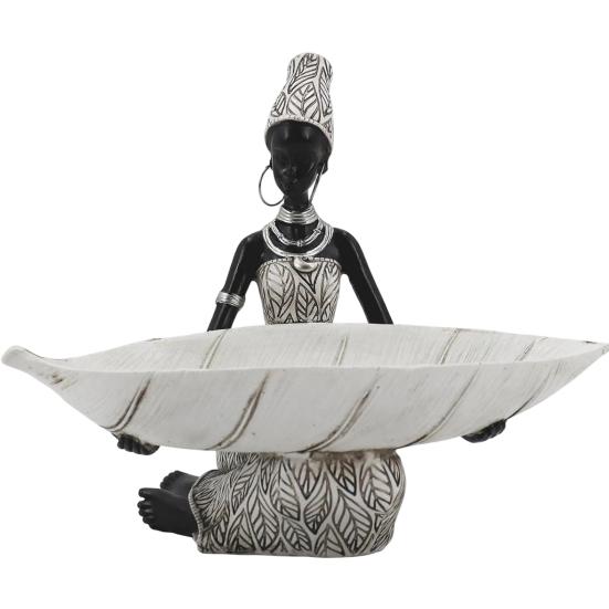 African Woman Figurine with Head Tray, Black & White Tribal Ethnic Pattern Resin Statue, Dual-Function Storage Organizer for Keys Trinkets Snacks,
