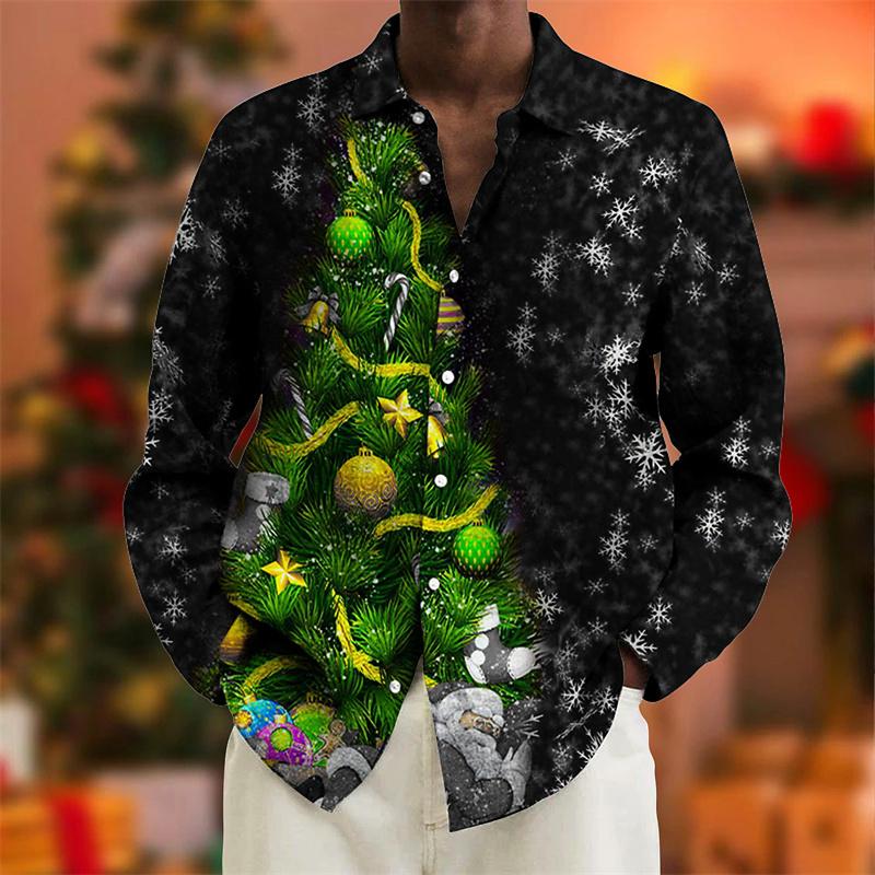 Christmas Men's Dress Shirt with Red Snowflake and Cedar Pattern, Black Lapel Bow Tie, Festive Party Style Men's Shirt
