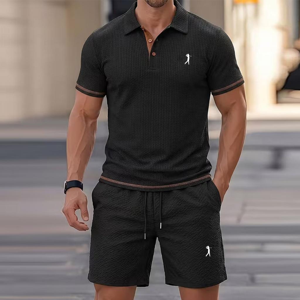 Men's Spring/Summer Golf 2Pack Set 3button notched collar with color-blocked knit cuffs stretchy, comfortable, and relaxed-fit set