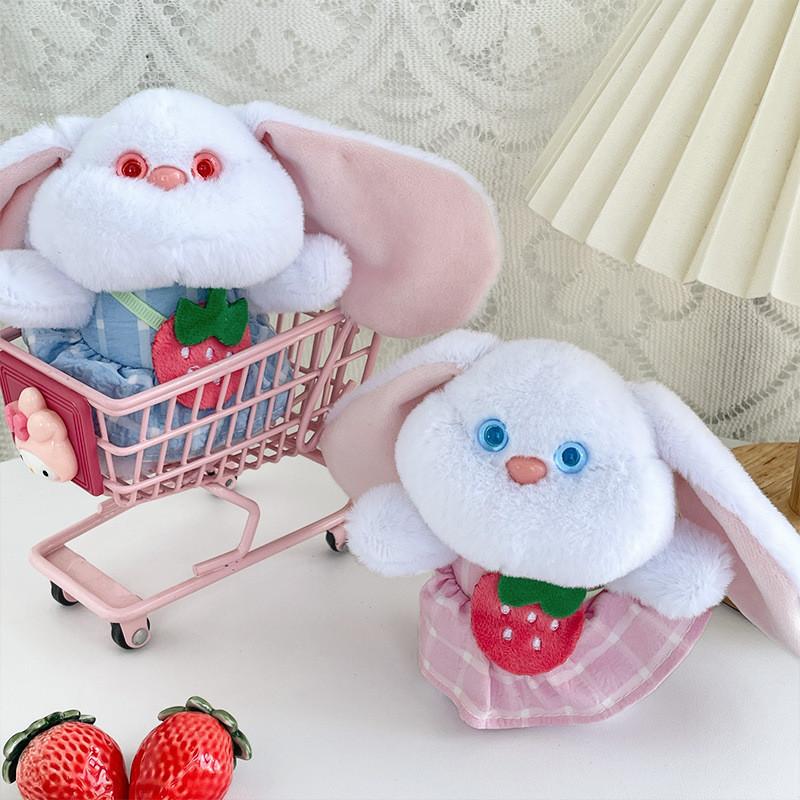 Adorable Long-eared Bunny Plush Doll Keychain With Cute Strawberry Dress 12cm