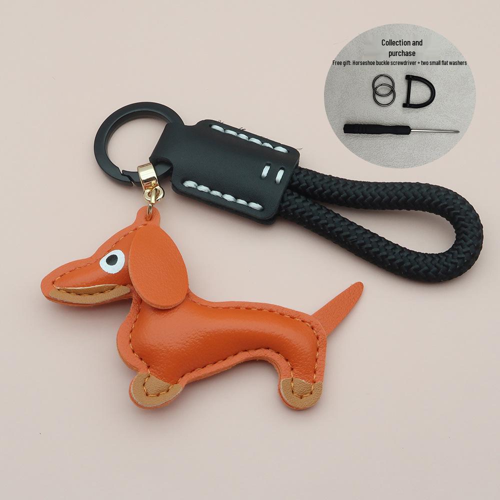 Mini Dachshund Cowhide Keychain: High-Quality Anti-Lost Lanyard with Cute Doll Pendant