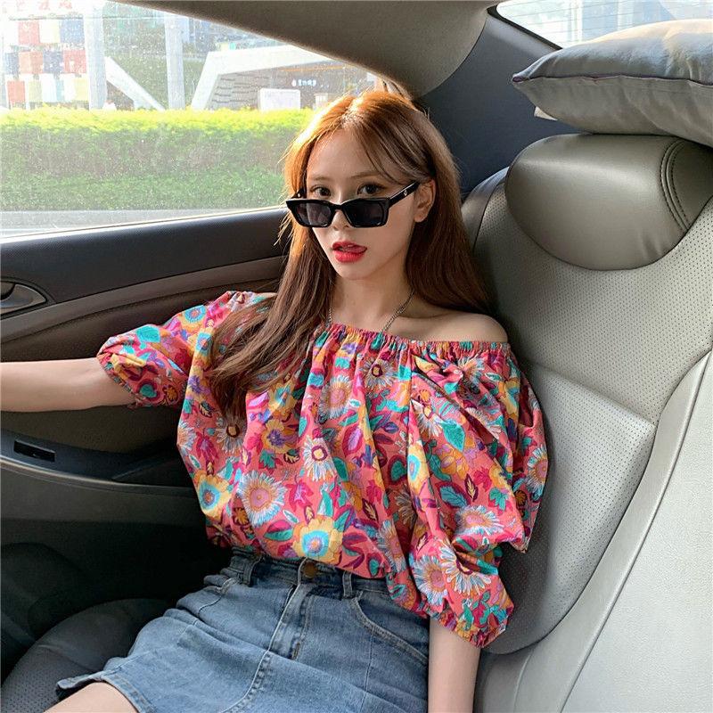 Women's Summer Seaside Holiday Off-shoulder Flower Color Shirts Female Large Size Loose Two Ways To Wear T-shirt Top