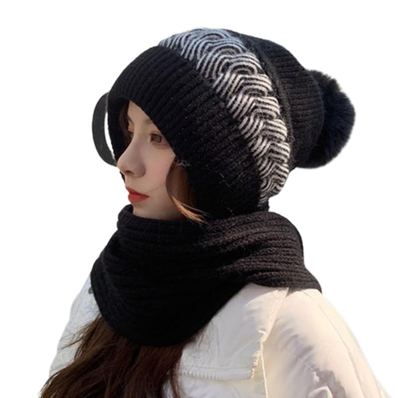 Korean Style Hat Scarf Set Women Winter Warm Cycling Ear for Protection Windproof Knitted Wool Pullover Cap Scarf for Wo