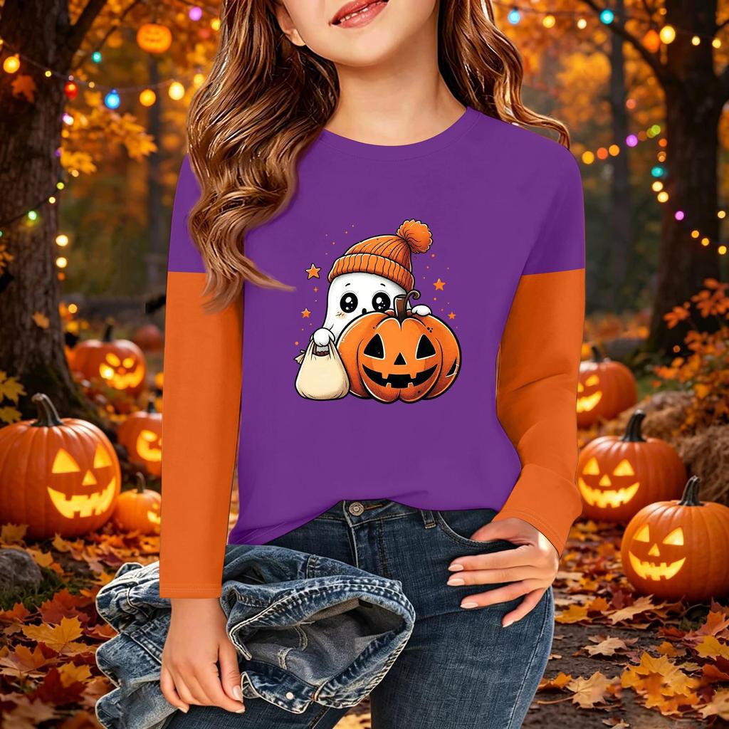 Kids Halloween Print Long Sleeve Neck T-Shirt Casual Top for Boys Girls