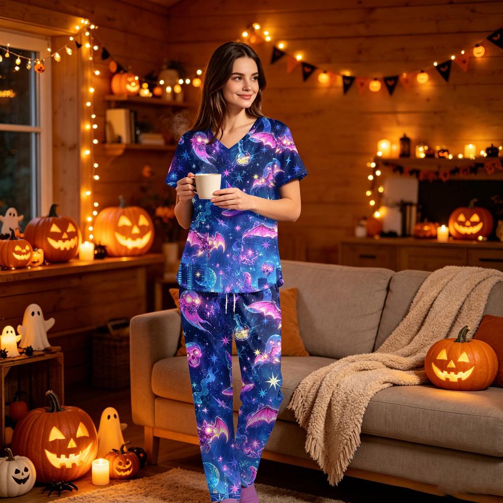 Women's Halloween Print Scrub Set, V Neck Short Sleeve with Pockets and Pants, 2 Piece Uniform