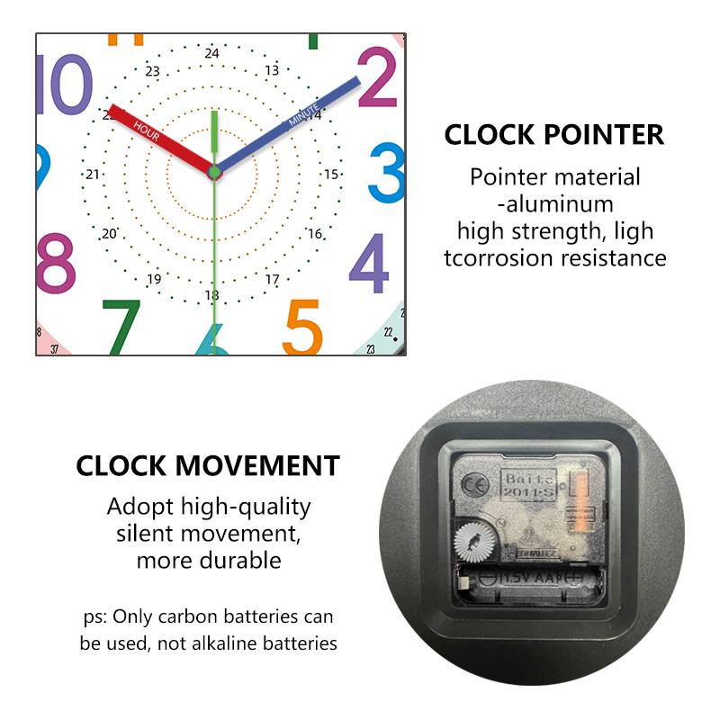 Kids Educational Wall Clock Color 12/24H Dial Non-Ticking Quartz Movement Wall Decor for School Classroom Kids Bedroom Playroom