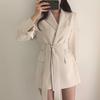 Spring Autumn Suit Coat Lapel Long Sleeve Lace-up Strap Waist Suit Jacket Solid Color Flap Pockets Mid-length Business Outwear