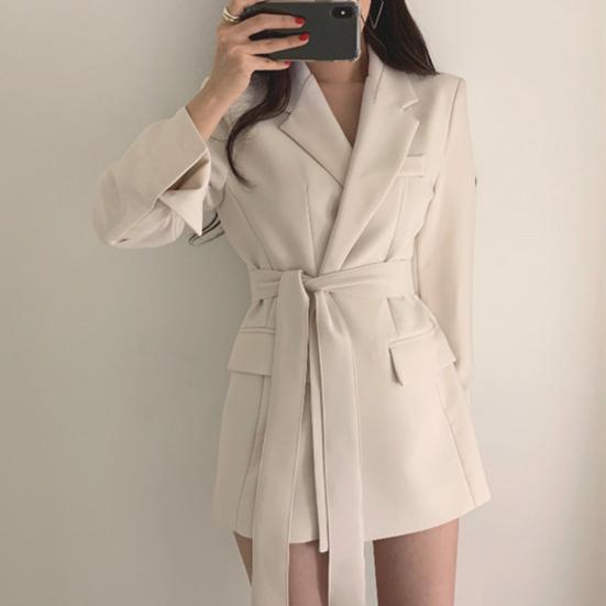 Spring Autumn Suit Coat Lapel Long Sleeve Lace-up Strap Waist Suit Jacket Solid Color Flap Pockets Mid-length Business Outwear