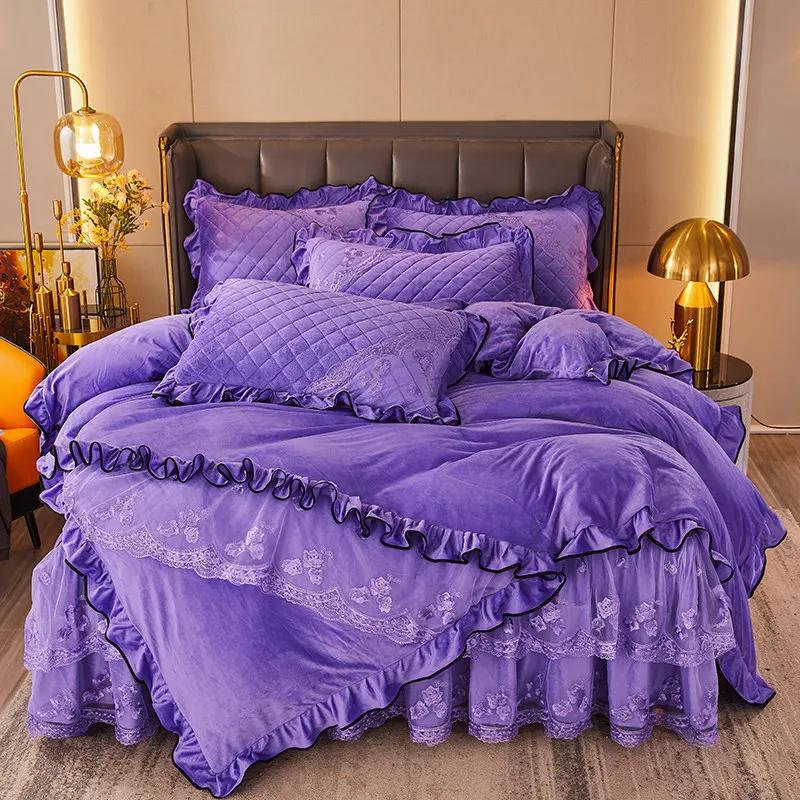 AI WINSURE-French 4pcs Bedding Set, Velvet Duvet Cover, Lace Bedspread, Queen Double King Size, Luxury, Soft Thick, for Winter